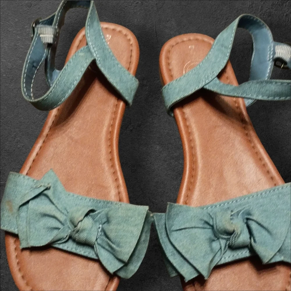 Lot Of 2 Sandals with Bows and Butterfly Accents Girls Size 2 Denim Gold Glitter